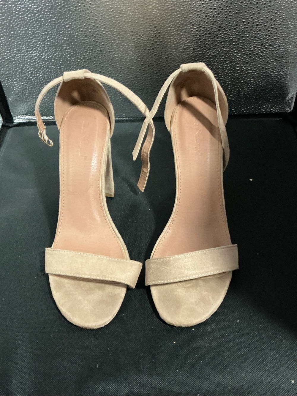Ankle-Strap Block Heel Sandals in Light Beige